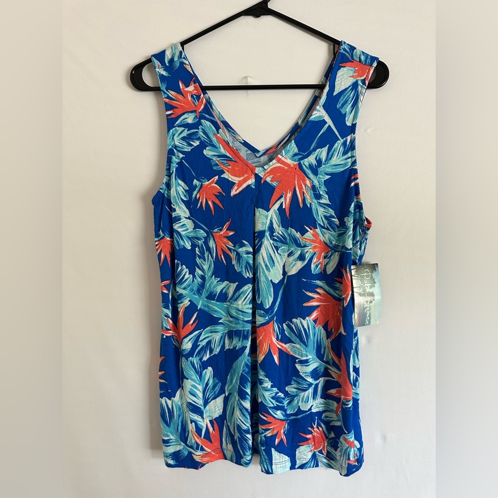 Palm Grove Floral Sleeveless Tank Top Pullover Rayon Blend S Blue Orange NWT